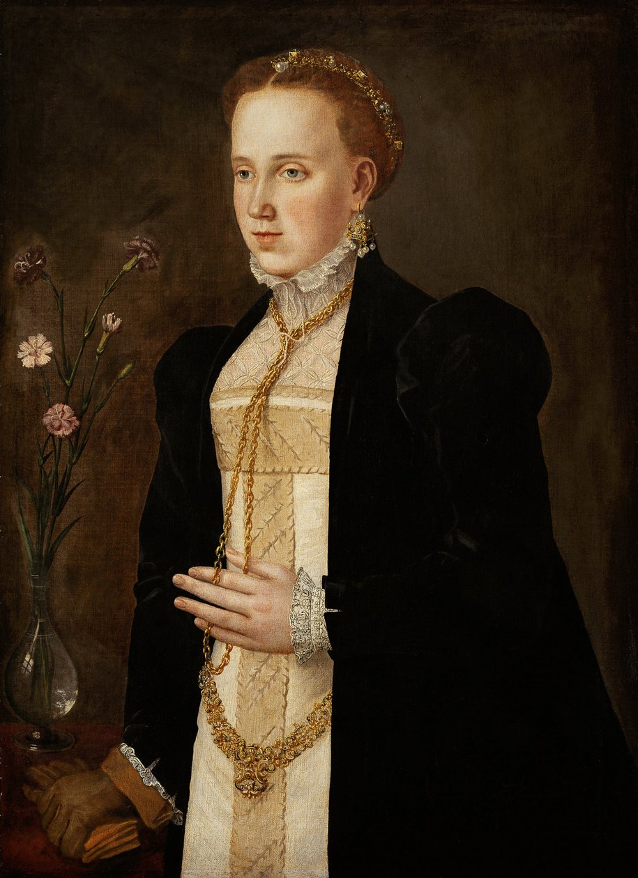 Philippine Welser (epouse de Ferdinand II de Tyrol ou de Habsbourg) - 南ドイツの巨匠によるPhilippine Welser (1527-1580)の肖像（16世紀）。キャンバスに油彩、約1557年。ヴィエンヌの美術史博物館 作： ドイツ語学校