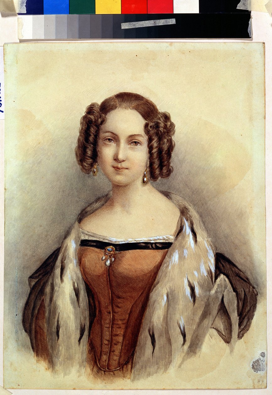 ロシアの皇后となるヘッセンとライン川の王女マリー (1824-1880) の肖像画 (ヘッセンとライン川のマリー王女の肖像、将来のロシア皇后)。 匿名の絵。 紙に水彩、39.3 x 23 cm、1830年後半。ドイツ美術 作： ドイツ語学校