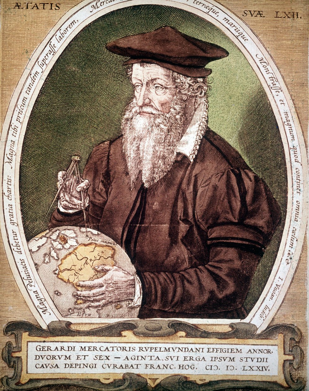 Gerhard Kremer dit Gerardus Mercator (1512-1594)の肖像。アトラスの初版のタイトルに偽りあり。 作： ドイツ語学校