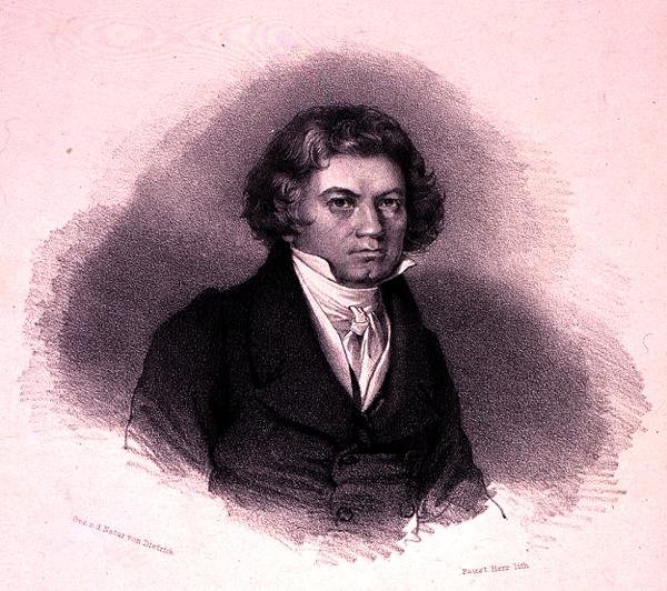 ルートヴィヒ・ヴァン・ベートーヴェン（1770-1827）の肖像 ファウスティン・ヘルの刻印（リトグラフ版） 作： ドイツ語学校
