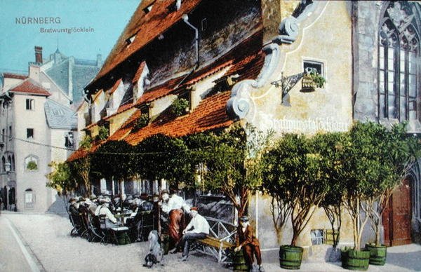 1914年以前、Nuernbergのレストラン「Bratwurstglocklein」を描いた絵葉書（カラー写真）。 作： ドイツ語学校