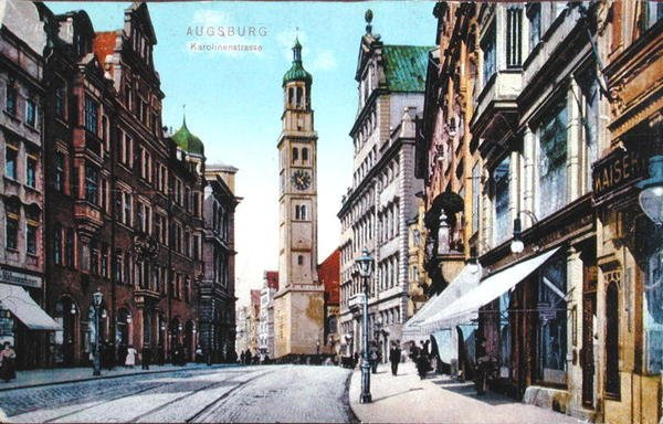 アウグスブルクのカロリネン通りを描いた絵葉書、1910年頃（カラー写真） 作： ドイツ語学校