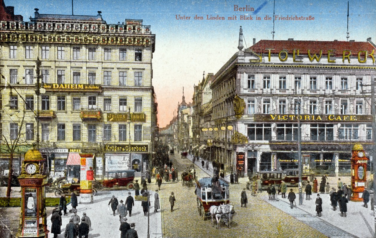 ベルリンのウンターデンリンデンとフリードリッヒ通りを描いたポストカード、1910年頃（カラー写真） 作： ドイツ語学校