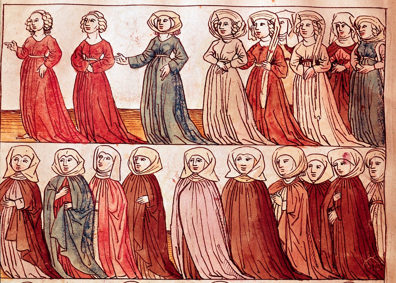 ボヘミアンの女性たちの行列。ウルリッヒ・リヒテンタール（1360-1437）の「コンスタンツ公会議の年代記」からのミニチュア 1438年頃 プラハ、国立図書館 作： ドイツ語学校