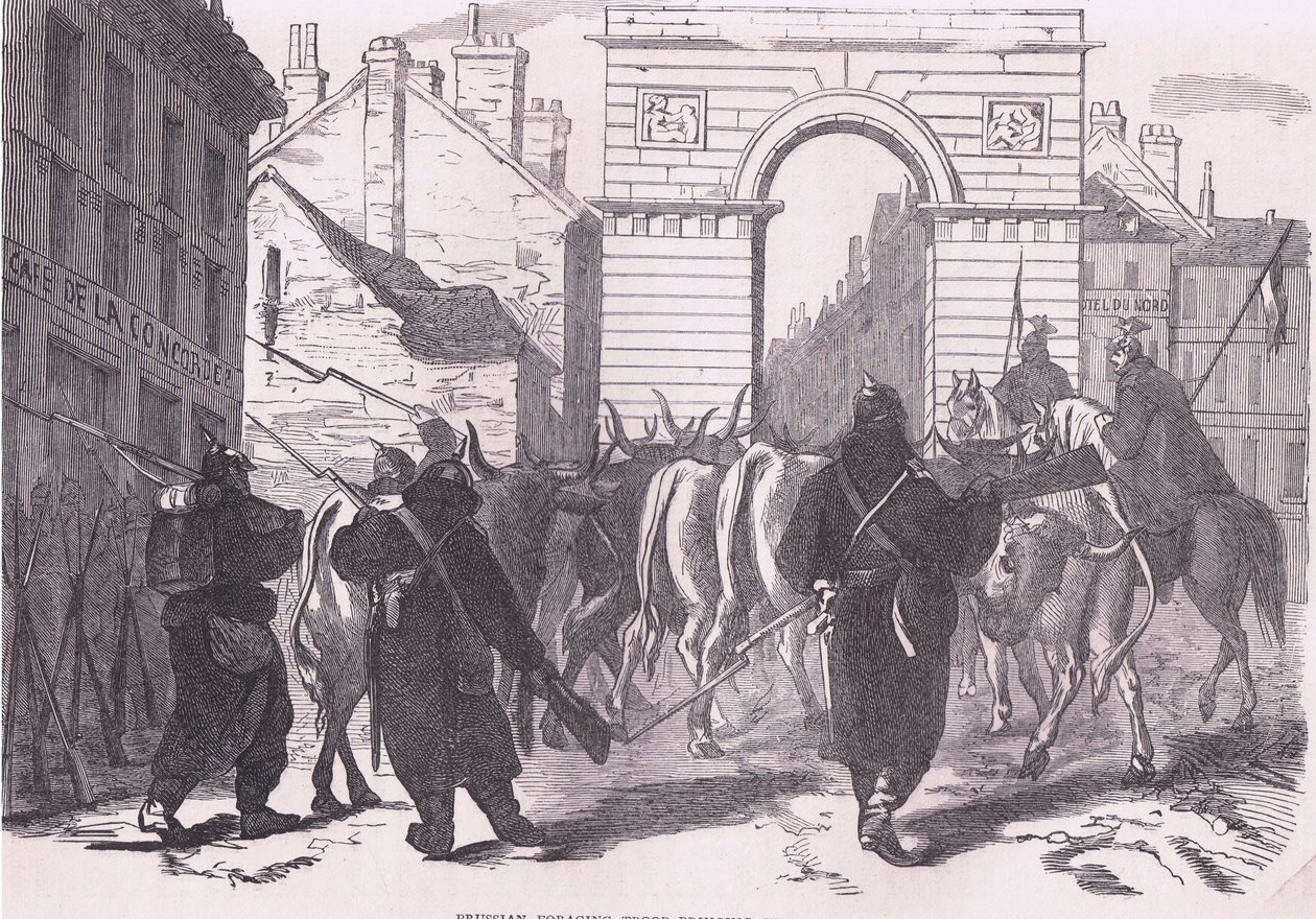 プロイセンの採集部隊が牛を連れてくる様子（Cassells History of the War between France and Germany, published by Cassell and Company Limited, c.1890 (litho) 作： ドイツ語学校