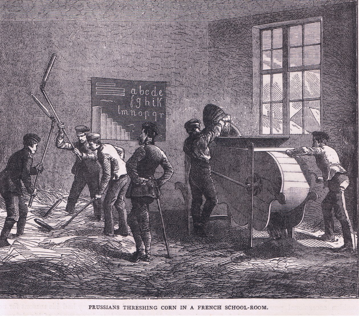 フランスの学校の教室でトウモロコシを脱穀するプロイセン人（Cassells History of the War between France and Germany, published by Cassell and Company Limited, c.1890）（リトグラフ版 作： ドイツ語学校