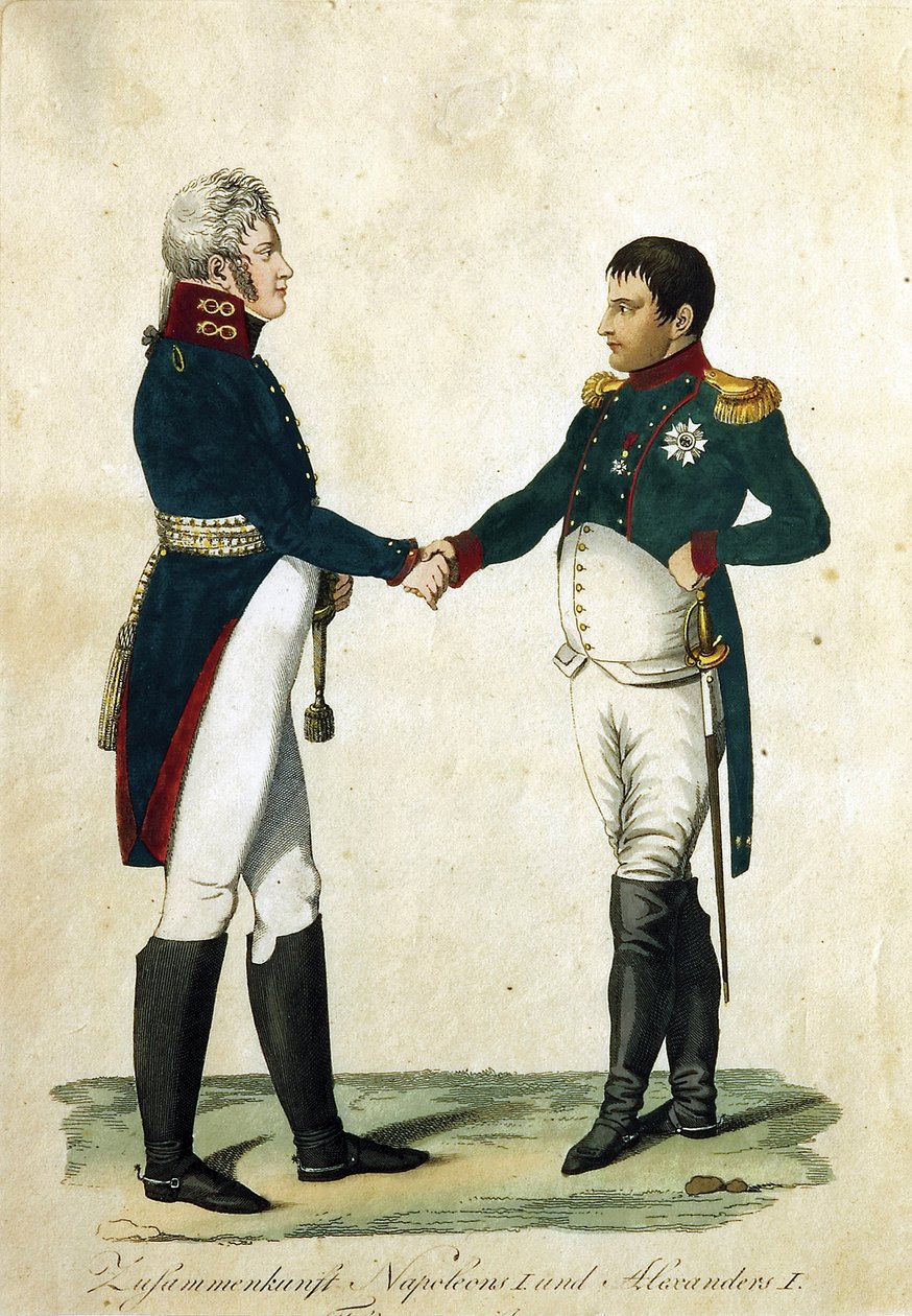 ナポレオン (1769-1821) と皇帝アレクサンドル 1 世 (1777-1825) の会談。 （ナポレオンとアレクサンダー1世の会談）。 匿名の作品、彫刻、水彩 作： ドイツ語学校