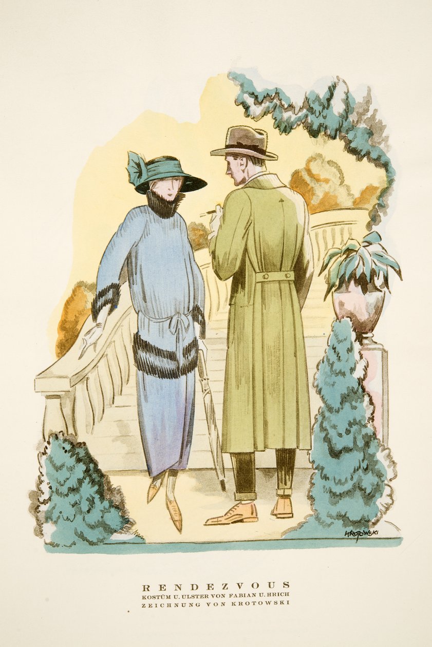 ランデブー、衣装とファビアン＆リッチの「アルスター」オーバーコート（Styl, pub.1922より）（ポショワールプリント 作： ドイツ語学校