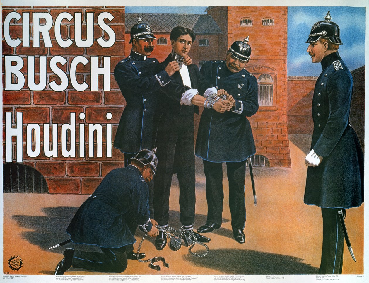 1907年、ドイツの刑務所から脱獄する前のフーディーニのポスターの複製品 作： ドイツ語学校