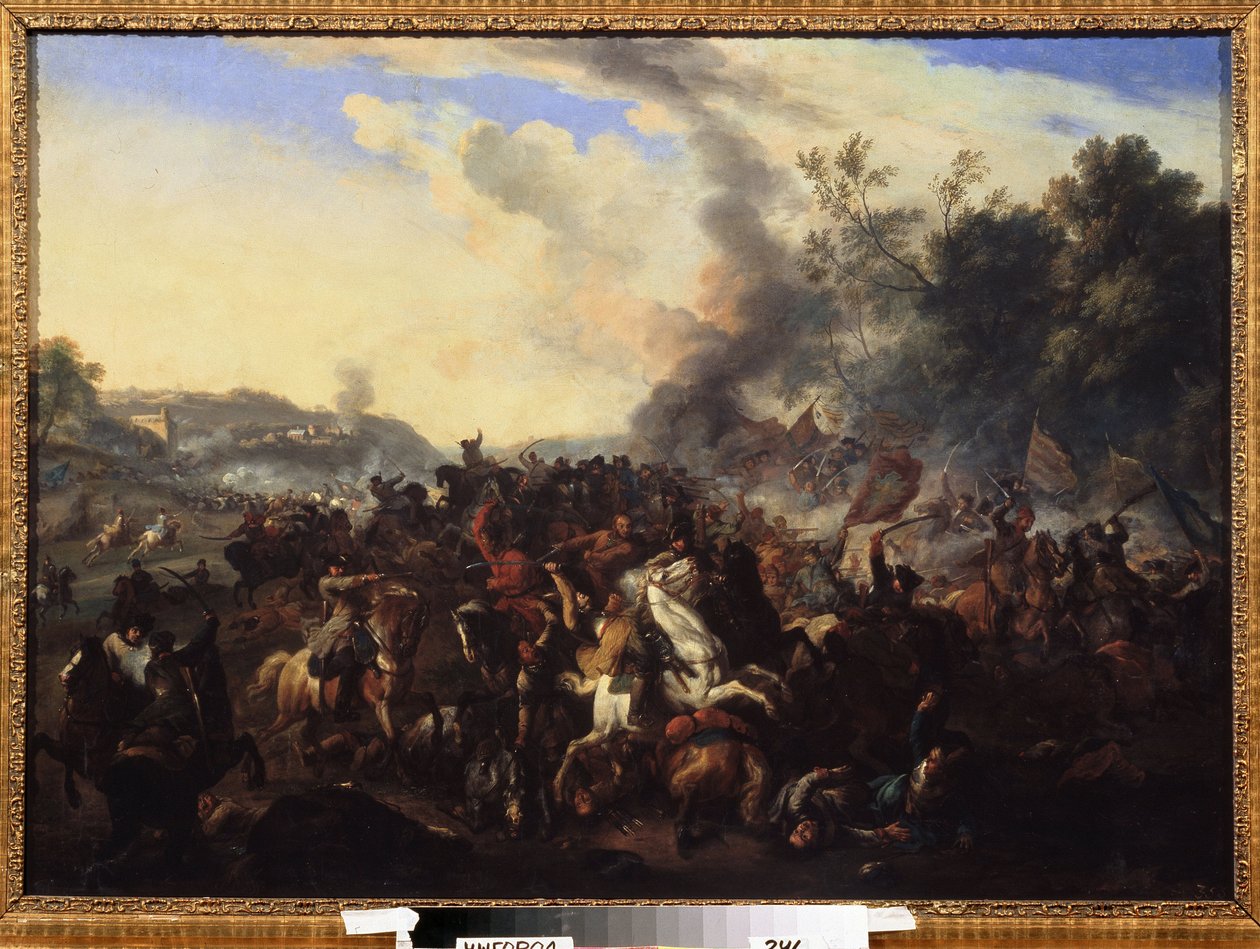 「戦闘シーン」 戦闘中に積み重なった騎手と馬。 ドイツの学校からの匿名の絵。 17th Century Regional Art Museum、ウジホロド、ウクライナ 作： ドイツ語学校