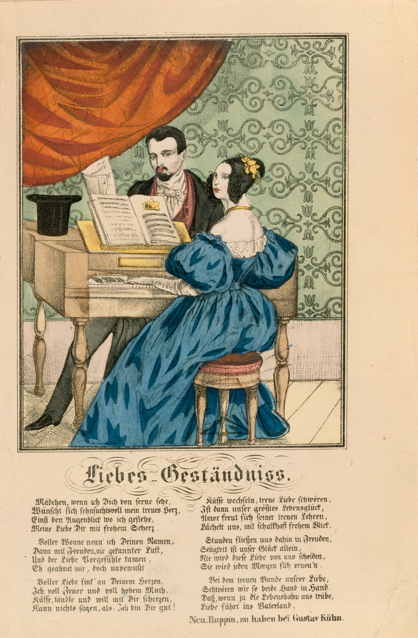 Neuruppiner Bilderbogen、1850年にピアノの下で愛の詩が書かれたカップルのシーン 作： ドイツ語学校