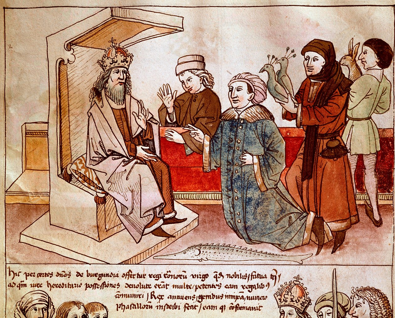 神聖な帝国の皇帝であるルクセンブルクのシギスムント1世（1368-1437）は、従順な民族の貢ぎ物を受け取っています。ウルリッヒ・リヒテンタール（1360-1437）の「コンスタンツ公会議年代記」のミニチュア 1438年頃 プラハ、国立図書館蔵 作： ドイツ語学校