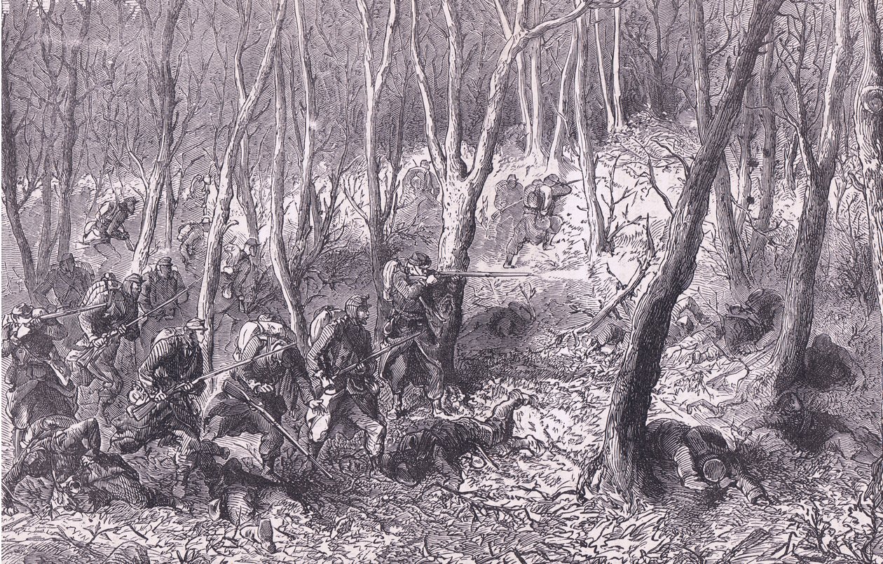 パリ郊外の森の中での小競り合い（Cassells History of the War between France and Germany, published by Cassell and Company Limited, c.1890）（リトグラフ版 作： ドイツ語学校