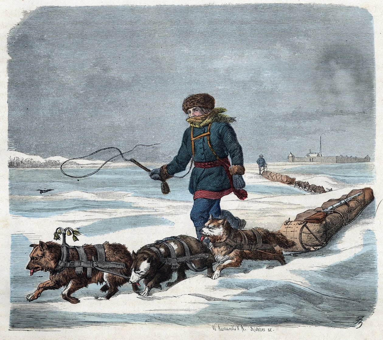 アメリカの雪の中のソリ犬。フランツ・ヴィーデマンのドイツの物語「Wenn Jemand eine Reise thut, so kann er was erzahlen（誰かが旅をするとき、これは彼が語ることができるものだ）」の中で 作： ドイツ語学校