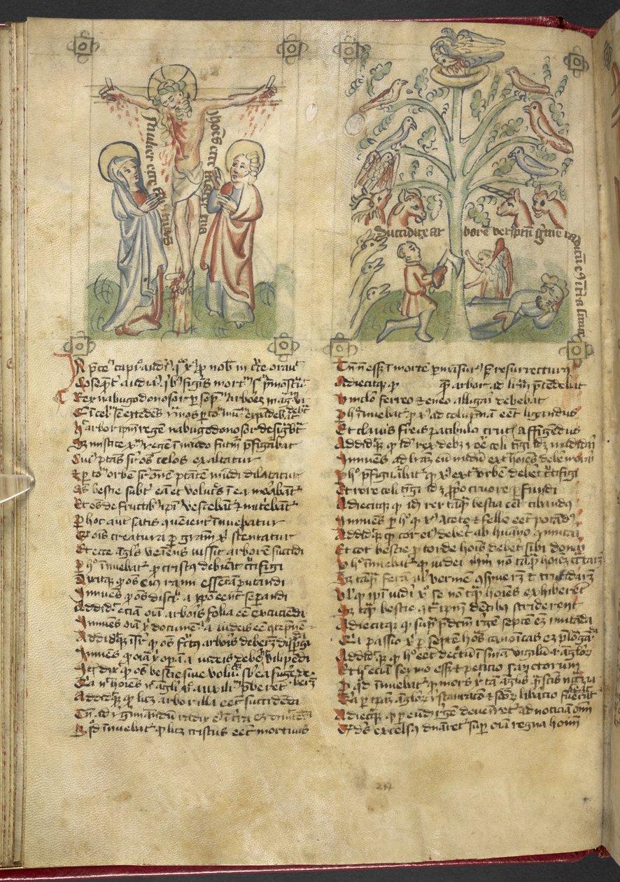 Sloane 361, f.26v Nebuchadnezzar は夢の中で木を見ます。 「Speculum Humanae Salvation」の磔刑（ベラムにインクとカラー） 作： ドイツ語学校