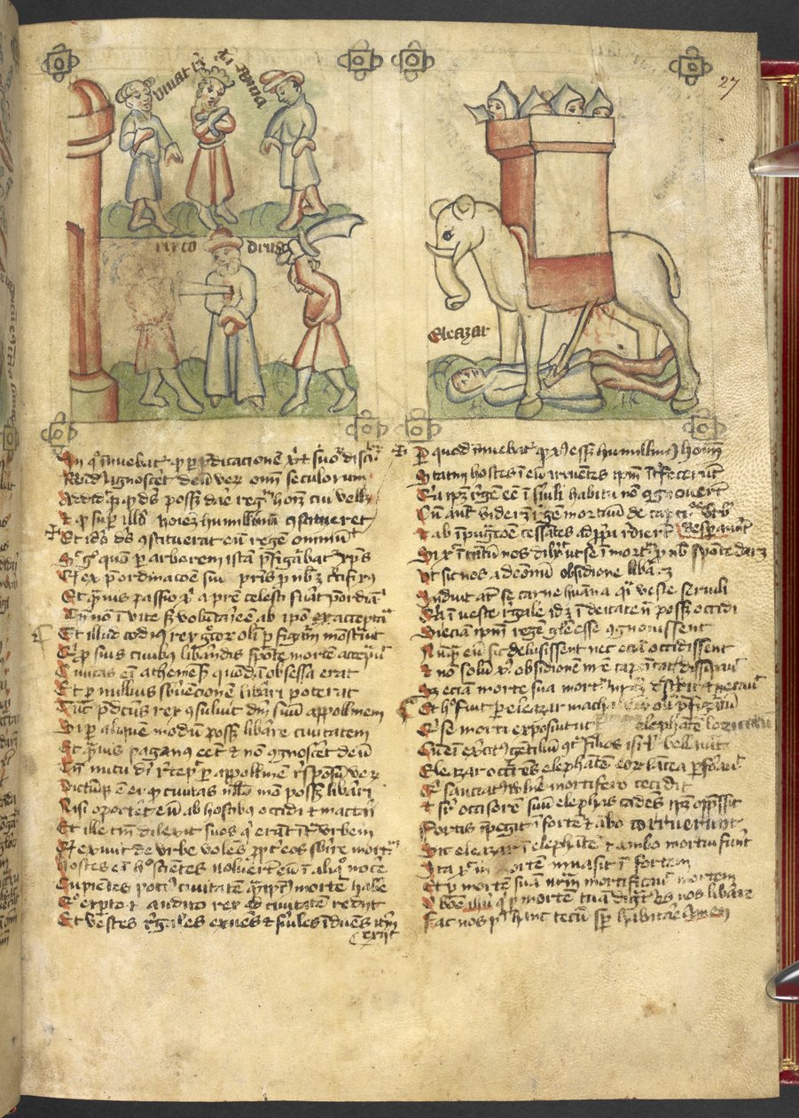 Sloane 361, f.27 コドルス王は自分の民のために殺されることをあきらめ、エレアザール・マカベウスは象を刺し、それによって押しつぶされました。 作： ドイツ語学校