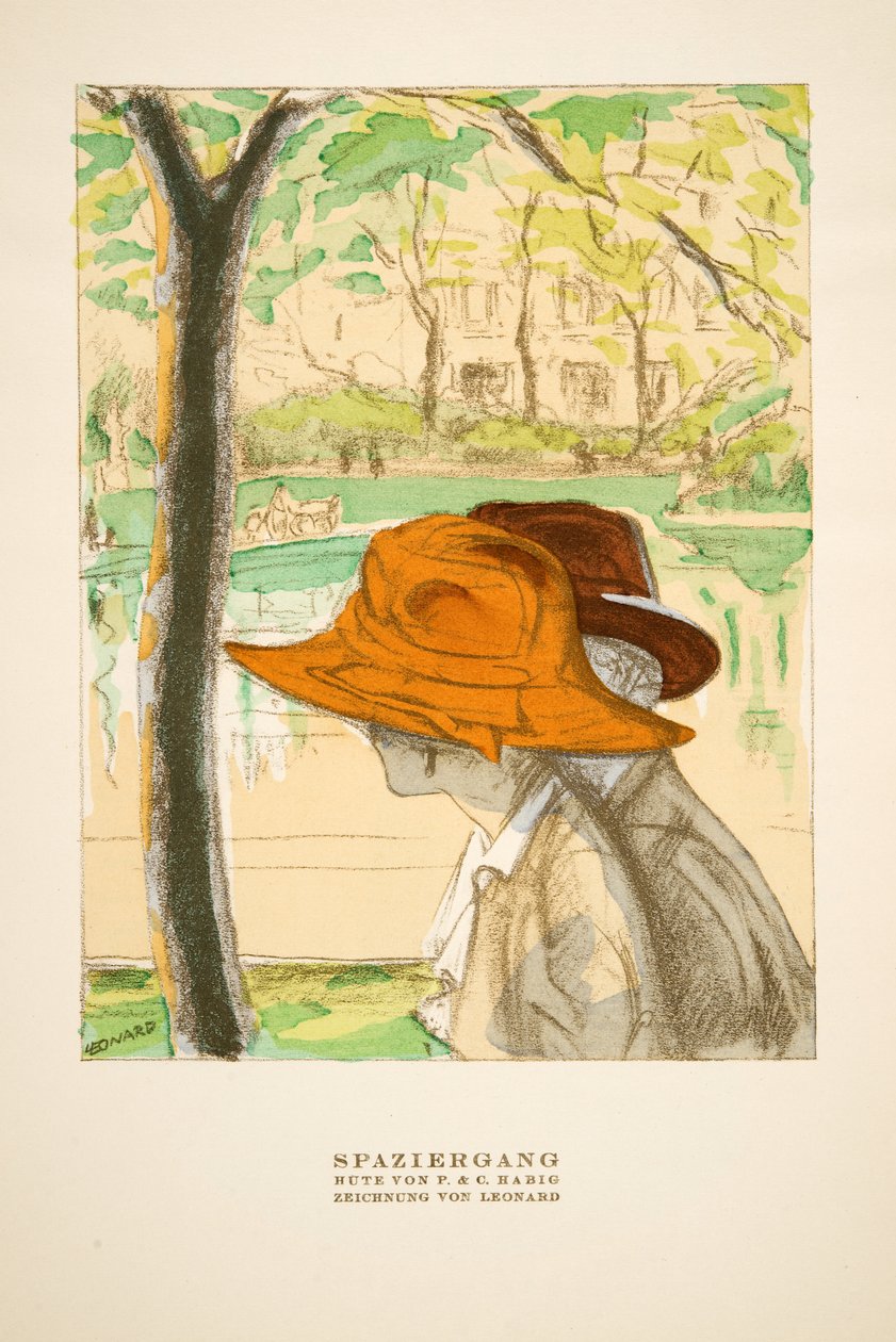 Spaziergang" P  C Habig社の帽子の広告、1922年発行の『Styl』より（ポショワール版画） 作： ドイツ語学校