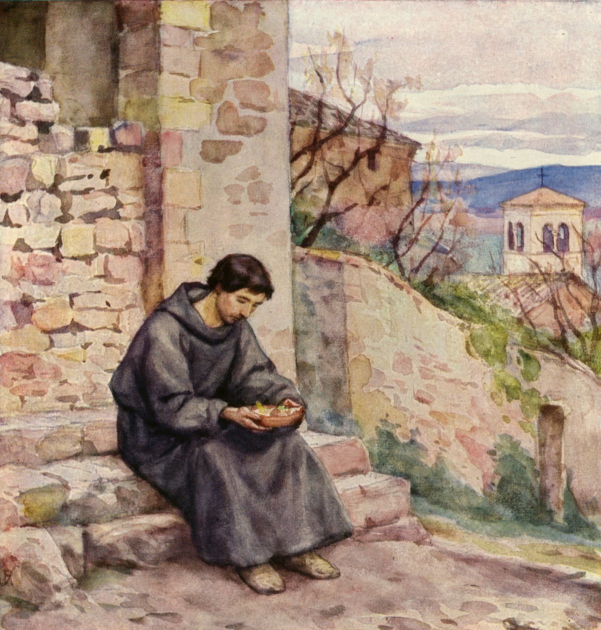 食事をする物乞いの聖フランチェスコ（カラーリトグラフ） 作： ドイツ語学校