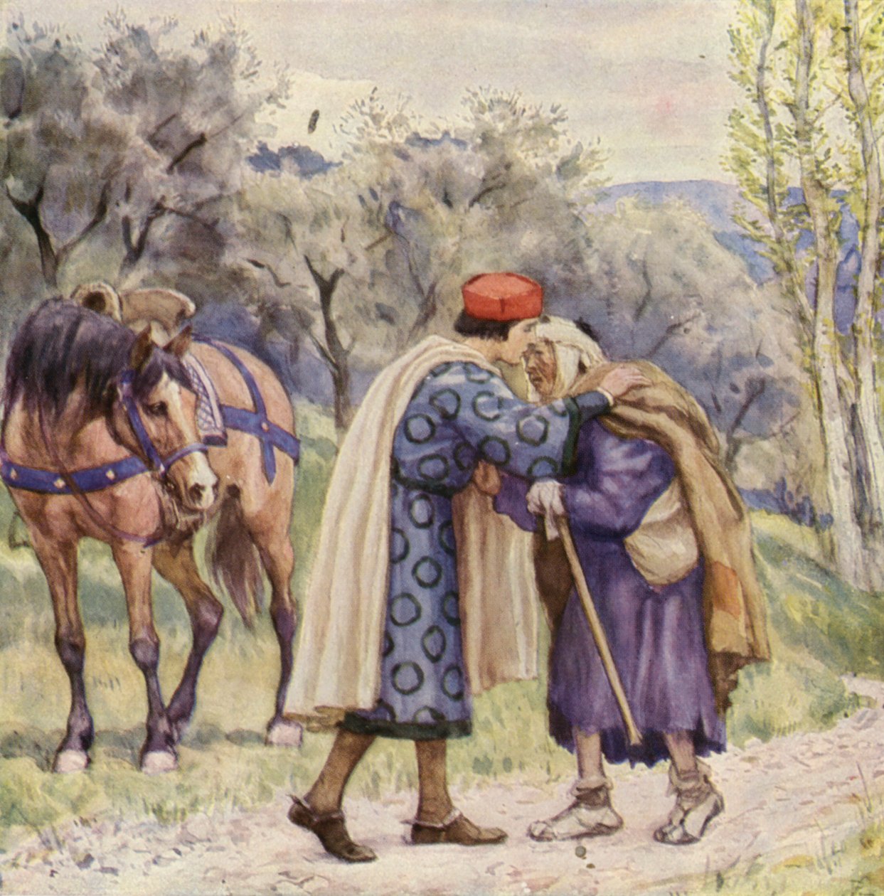 ハンセン病患者にキスをする聖フランシスコ（カラーリトグラフ） 作： ドイツ語学校