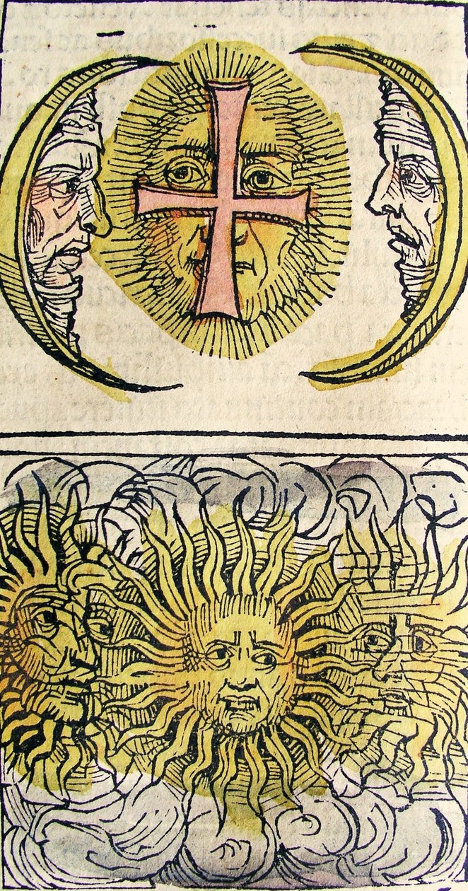 太陽の犬と月の犬、ニュルンベルク年代記、1493年に公開 作： ドイツ語学校