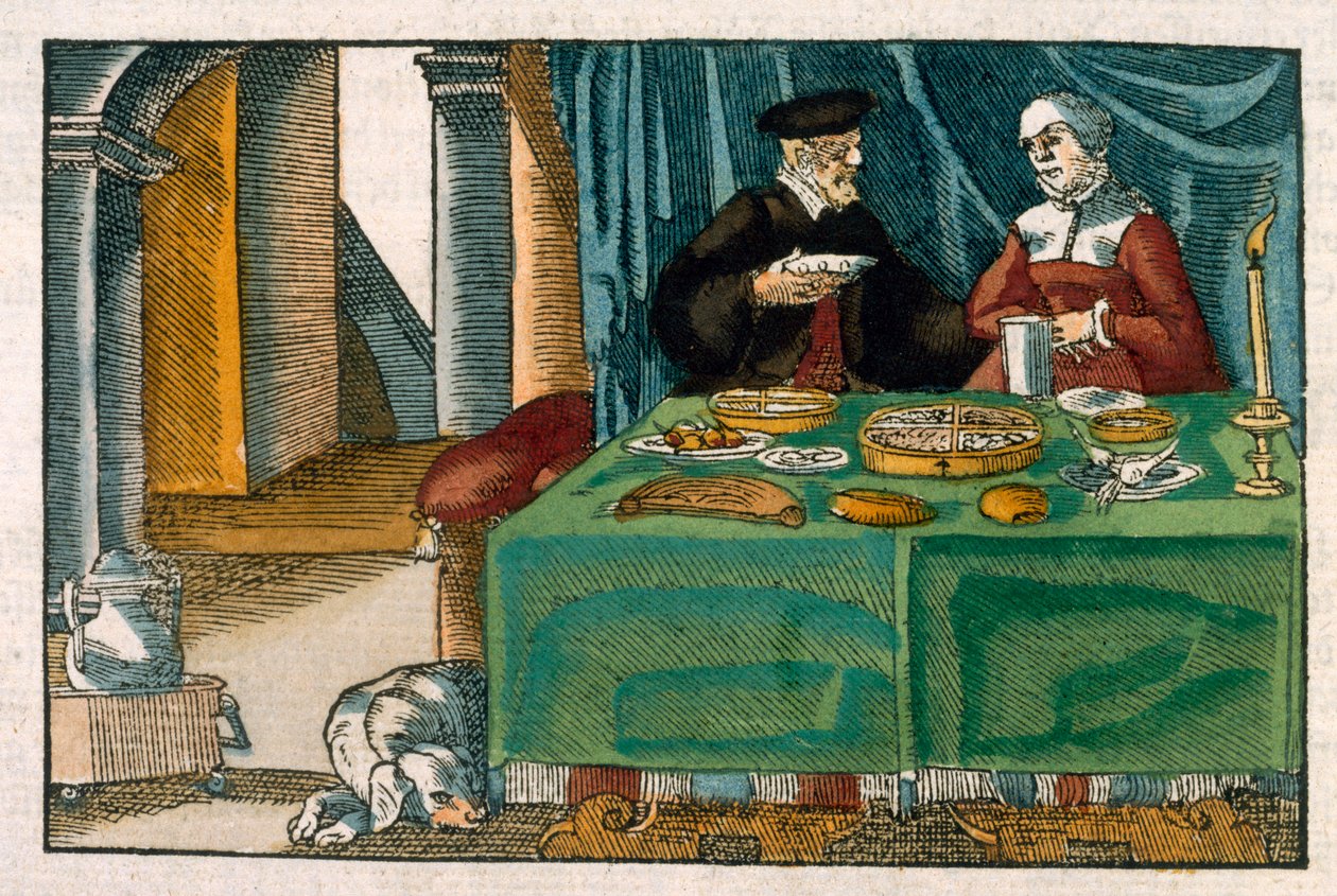 夕食のテーブル、ドイツの原稿、c.1650（手彩色の彫刻）から 作： ドイツ語学校