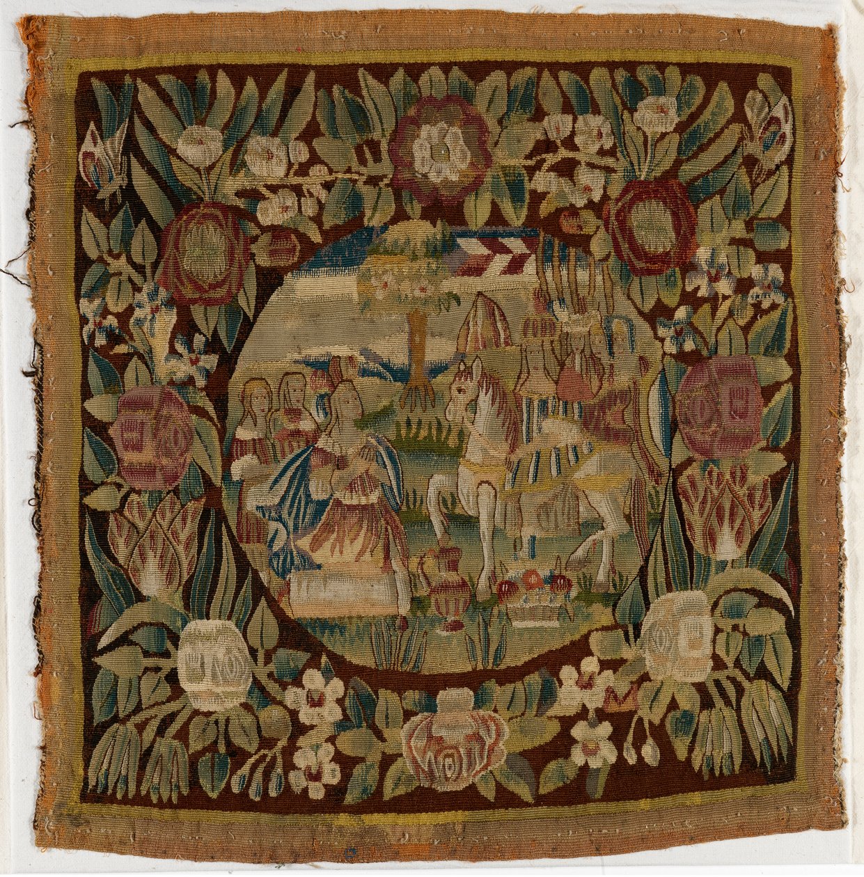ダビデとアビゲイルを描いたタペストリー・クッションカバー、サムエル記上第二十五章、1615年頃、ドイツ、ハンブルグ製（羊毛） 作： ドイツ語学校