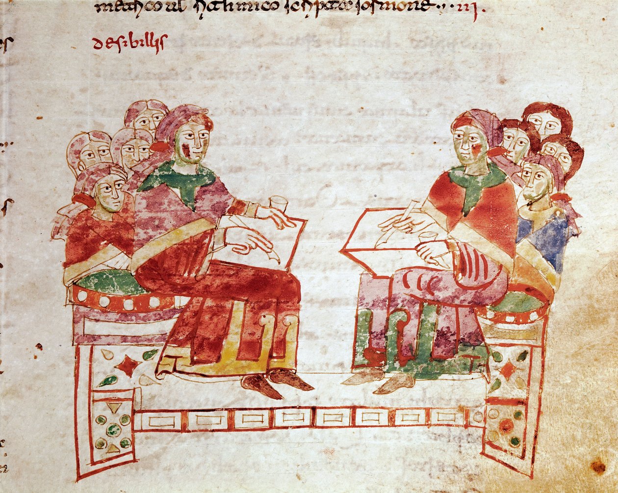 ミニチュア学校での授業風景（ラバヌス・マウルス・マグネンティウス（またはラバン・マウル、ラバノ・マウロ）（780～856年頃）の『De Universo』（または『De rerum naturis』（または『De la Nature des choses』）の中の『de Gymnasium』の巻から抜粋(ラバヌス・マウルス・マグネンティウス（またはラバン・マウルスまたはラバノ・マウロ）（約780-856年）の「De Universo」（またはDe rerum naturis（De la Nature des 作： ドイツ語学校