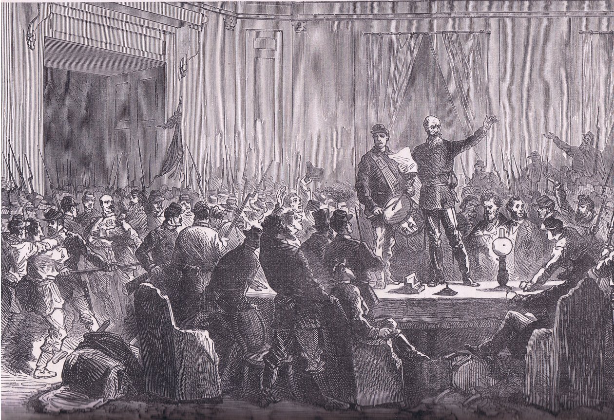 Hotel De VilleでTrochuを配達する国民衛兵第106大隊、Cassell and Company Limited発行のCassells History of the War between France and Germany、1890年頃（リトグラフ版 作： ドイツ語学校