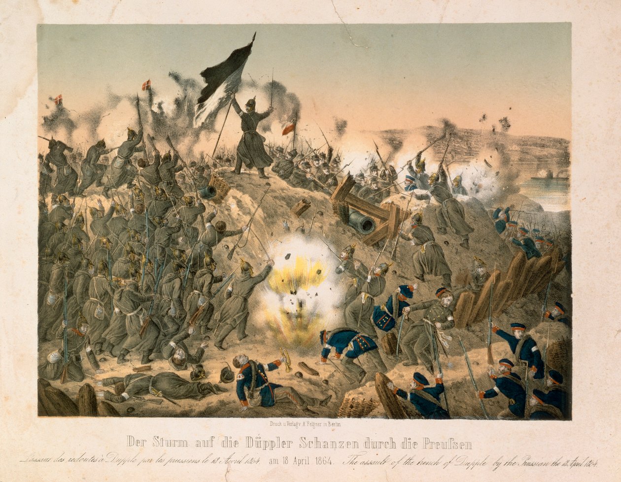 1864年4月18日、第二次シュレスヴィヒ戦争でのディボエルの戦い（Verlag A. Felgner、ベルリン、1864年発行） 作： ドイツ語学校