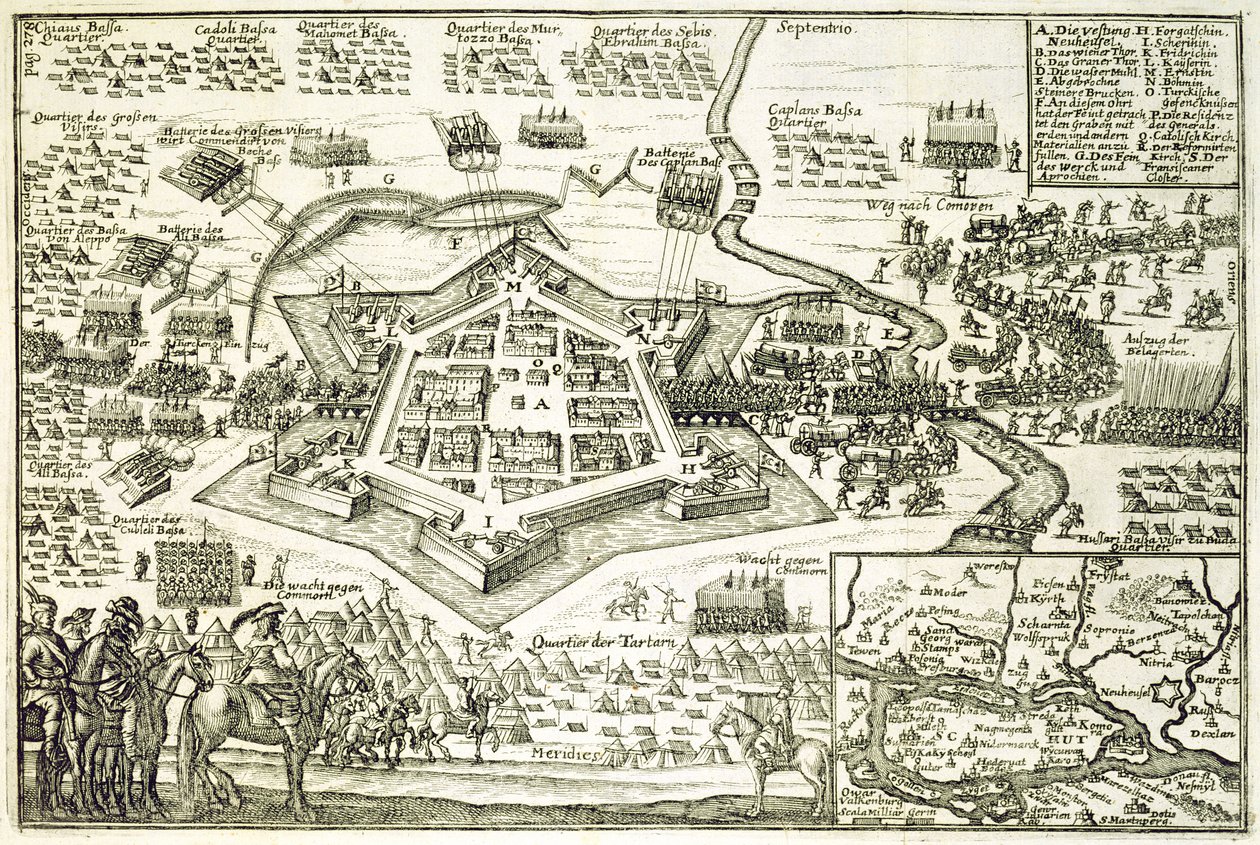 1663年のトルコによるノイハウゼルの包囲、ヨーロッパでのオスマン帝国のキャンペーンに関する本のイラスト、ポールファースト（c.1605-66）の彫刻 作： ドイツ語学校
