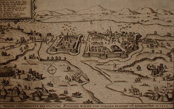 1552年のトルコ人によるゾルノックの包囲、オスマン・トルコのヨーロッパでの作戦に関する本の挿絵、Paul Furst (c.1605-66) (エングレーヴィング) 作： ドイツ語学校