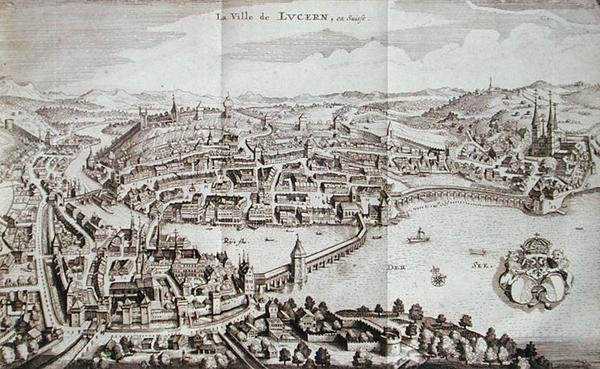スイス・ルツェルンの町（Johann Jacob Scheuchzeri著「Itinera Alpina」1706年刊より）（彫刻 作： ドイツ語学校
