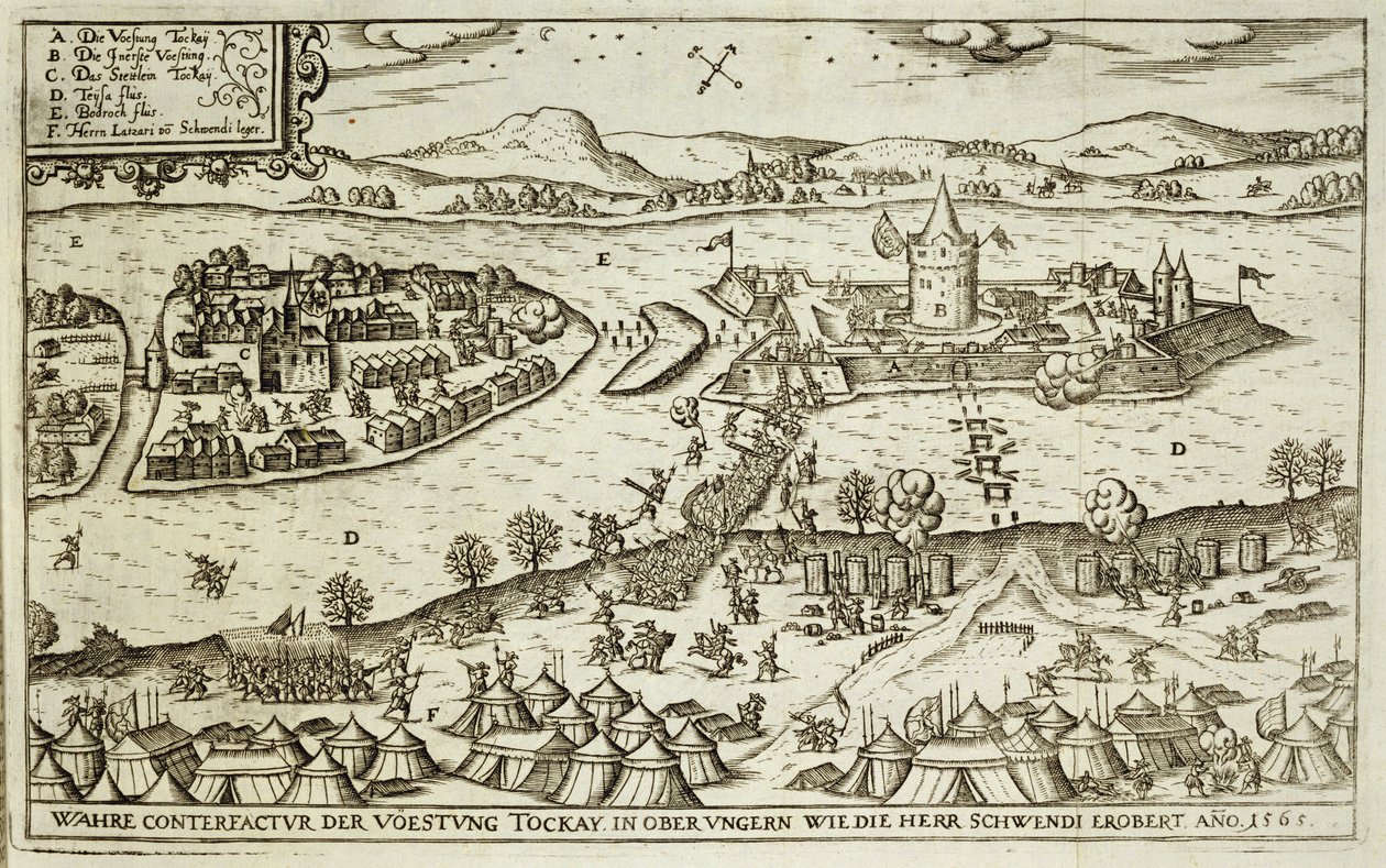 1565年にシュウェンディ卿によってトルコ人から回収されたトカイの町、ポールファースト（c.1605-66）によって彫刻されたヨーロッパでのオスマン帝国のキャンペーンに関する本のイラスト 作： ドイツ語学校
