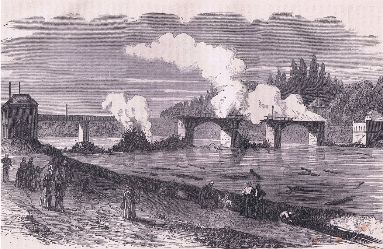 アスニエール橋を燃やすパリ防衛戦（Cassells History of the War between France and Germany, published by Cassell and Company Limited, c.1890）（リトグラフ版 作： ドイツ語学校