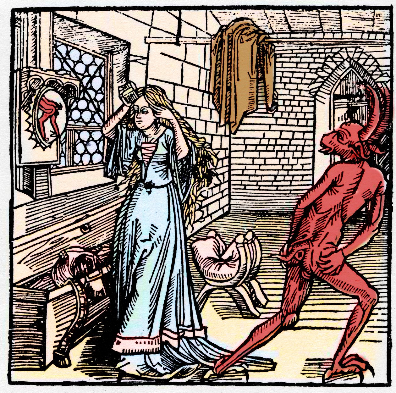 鏡で自分を褒める女性は、悪魔の後姿が映っているだけ-虚栄心の象徴-浮気性の女性に対する悪魔の不遜な行動-騎士マルカール・フォム・シュタインの「ターンのリッター」にて 作： ドイツ語学校