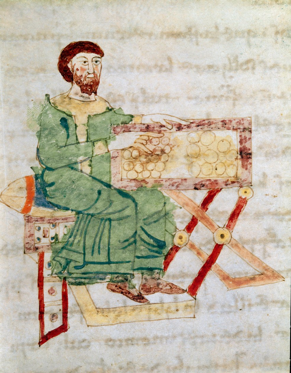 Der Geldwechsler, Vorfahre des Bankiers. Miniatur aus dem Manuskript „De Universo“ von Rabanus Maurus Magnentius (9. Jahrhundert) von German School