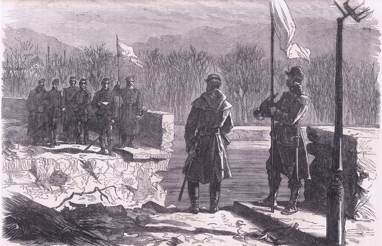 セーヴル橋での和平交渉、カッセル・アンド・カンパニー・リミテッド発行の『Cassells History of the War between France and Germany』、1890年頃（リトグラフ）。 作： ドイツ語学校