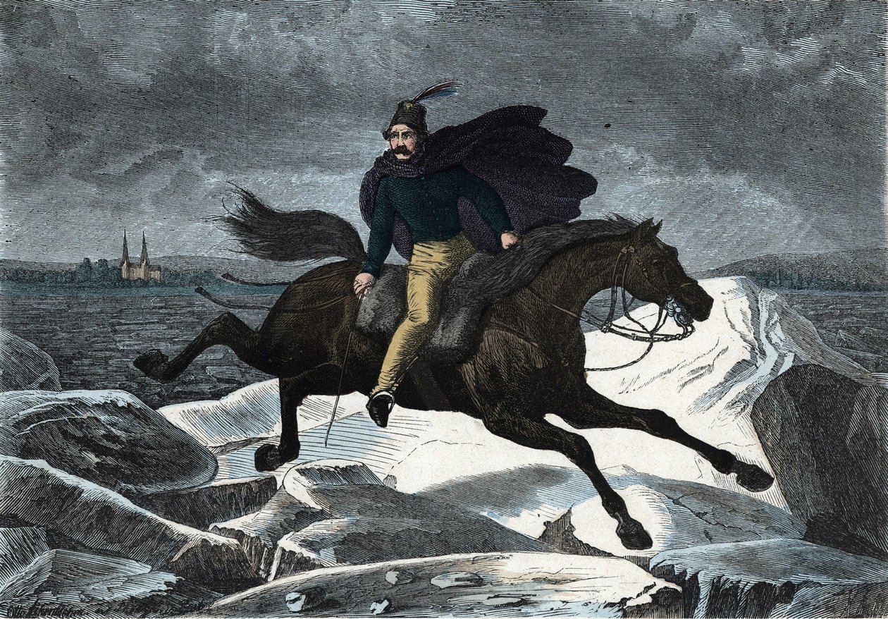 ドナウ川の氷の上を馬のタルタルに乗って疾走するサンドールの物語。フランツ・ヴィーデマンのドイツの物語「Wenn Jemand eine Reise thut, so kann er was erzahlen（誰かが旅をすると、これが彼の伝えることができる）」の中では 作： ドイツ語学校