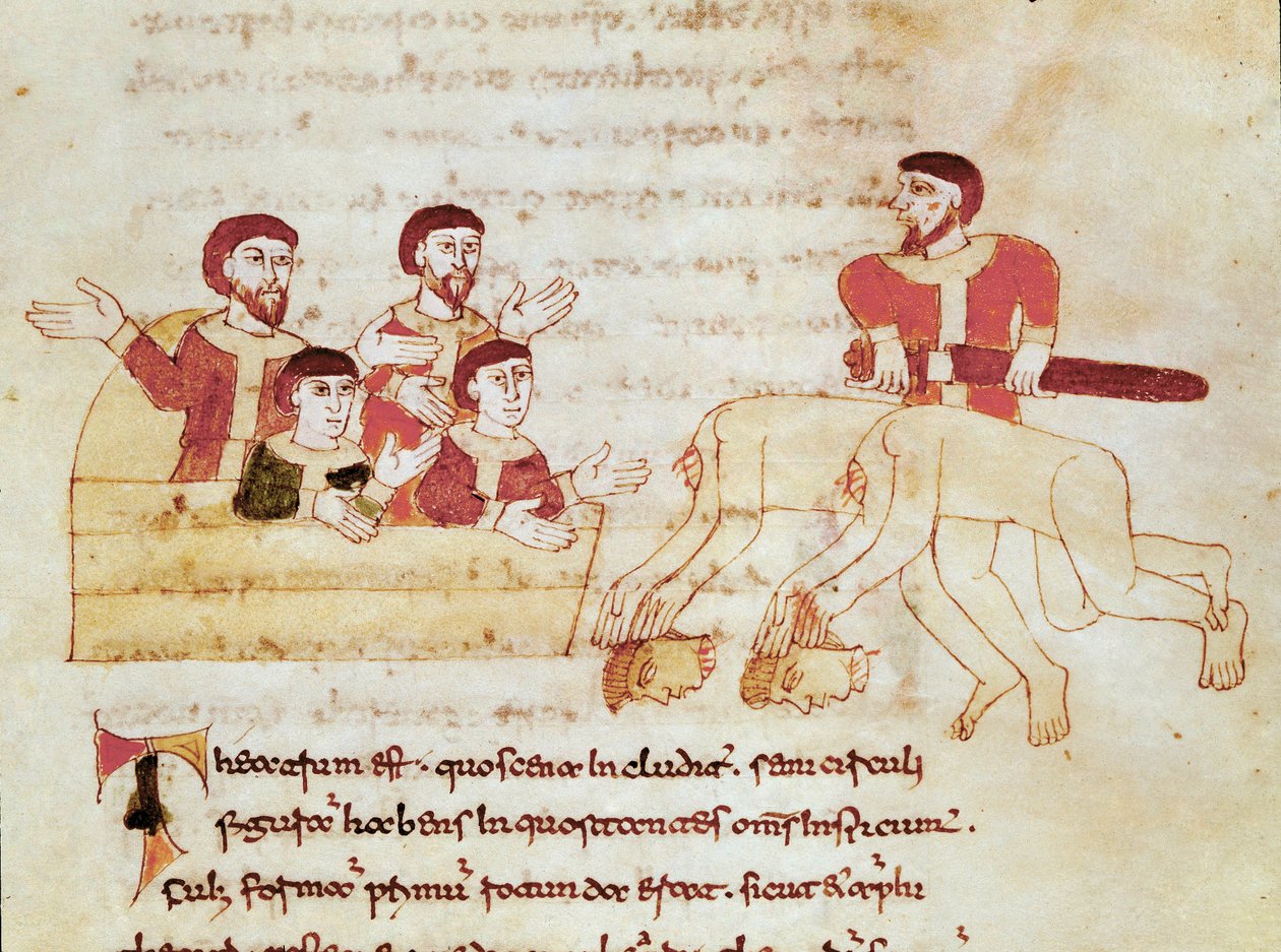 Theaterszene, das Publikum links applaudiert der Aufführung der Schauspieler. Miniatur aus dem Manuskript De Universo (oder De rerum naturis) (cod. 132) von Rabanus Maurus Magnentius (ca. 780-856) von German School