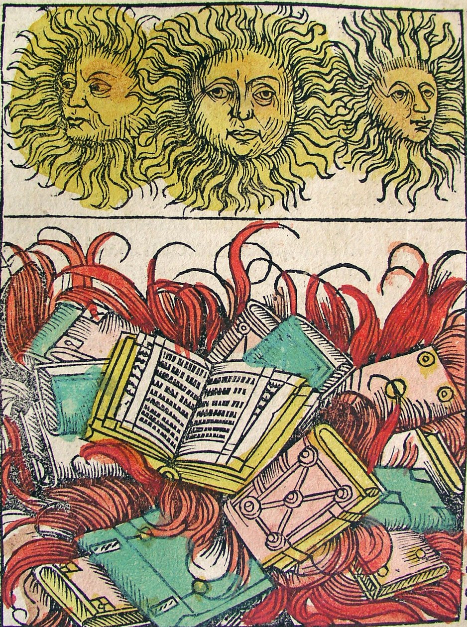 「Three Suns and Book Burning」、ニュルンベルククロニクルで出版、1493 作： ドイツ語学校