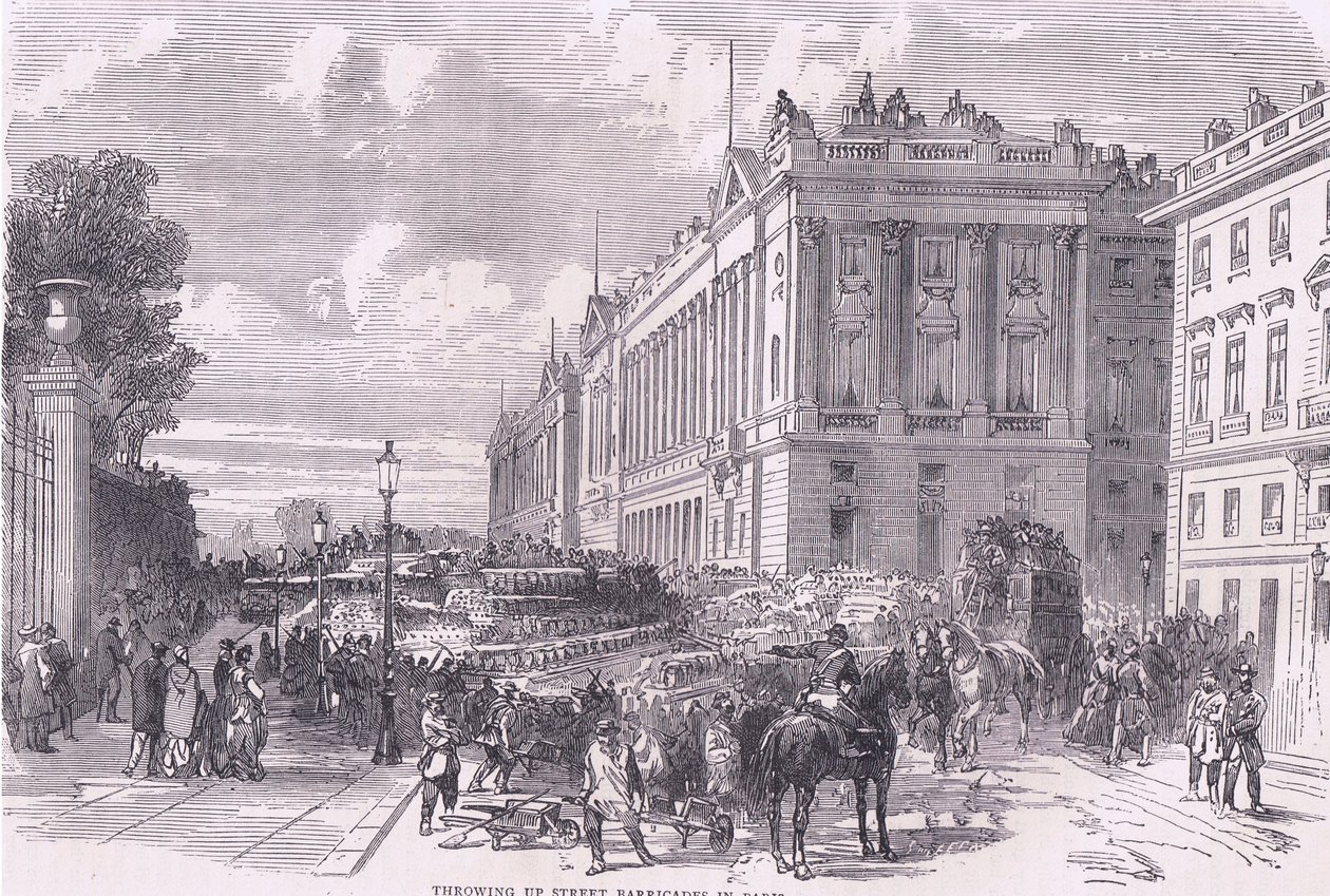 パリでバリケードを設置する様子（Cassells History of the War between France and Germany, published by Cassell and Company Limited, c.1890 (litho) 作： ドイツ語学校