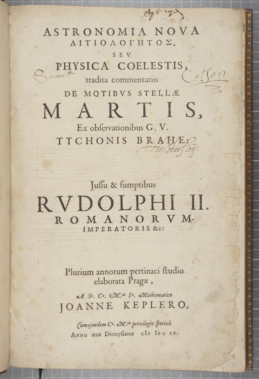 ヨハネス・ケプラー著「Astronomia nova Aitiologetos」のタイトルページ（エングレーヴィング 作： ドイツ語学校