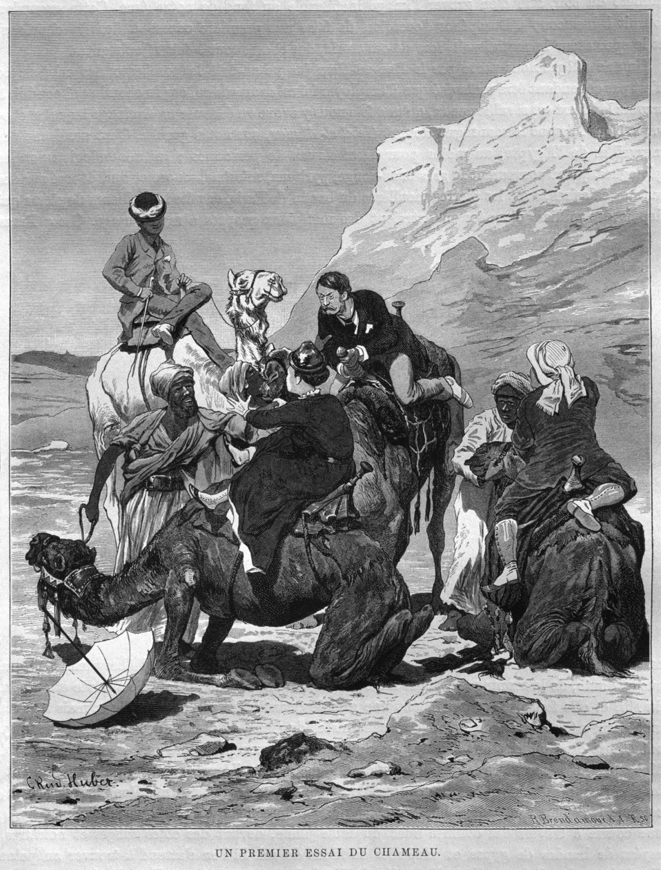 ゲオルクモリッツエバースのLEgypte（1837-98）、1881（bw engraving）から戻ってラクダに乗った観光客 作： ドイツ語学校