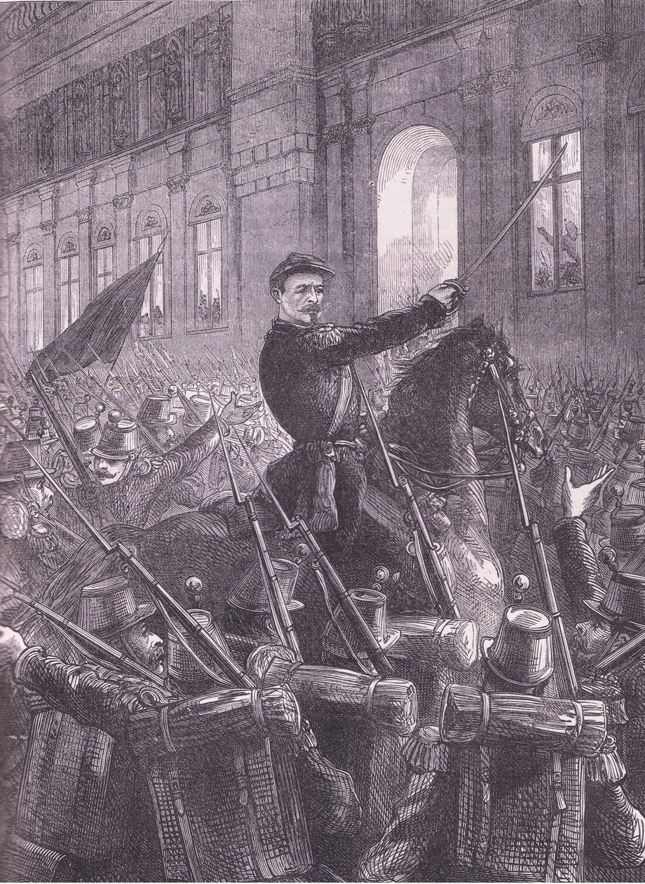ホテル・ドゥ・ヴィルの外で国民衛兵を集結させるトロチュ 1890年頃、Cassell and Company Limited発行のCassells History of the War between France and Germany (litho) 作： ドイツ語学校
