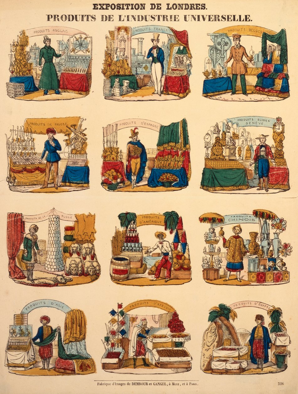 1851年にダンブール＆ガンゲルによって発行されたロンドンのグレートエキシビションで、さまざまな国からの12の展示会が展示されています（メッツ、1851年）（木の彫刻） 作： ドイツ語学校