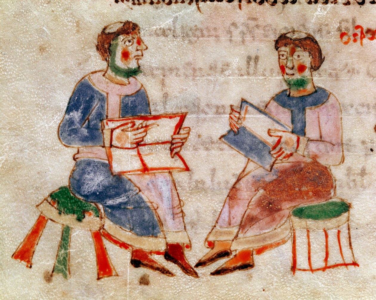 二人の修道士が議論している様子、または『De Universo』(または『De rerum naturis』(De la Nature des choses))の中の「de Gymnasium」の巻(cod132)から引用されたミニチュアの授業風景。(ラバヌス・マウルス・マグネンティウス（またはラバン・マウルスまたはラバノ・マウロ）（約780-856年）の「De Universo」（またはDe rerum naturis（De la Nature des choses））の中の「de Gymnasium」（ 作： ドイツ語学校