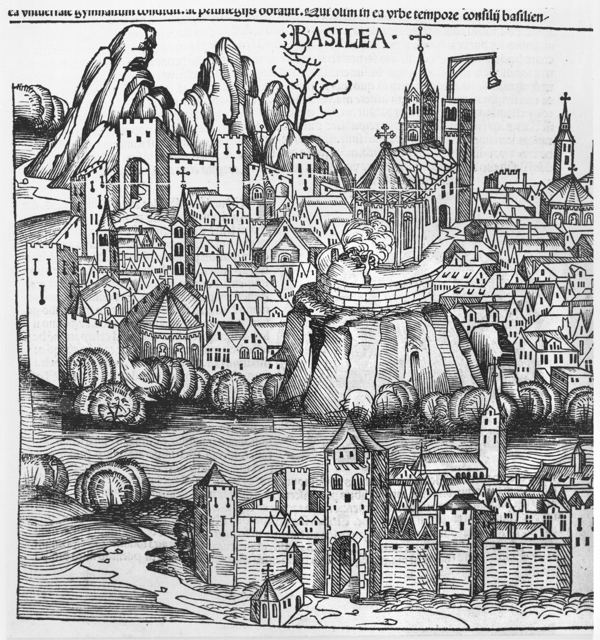 バーゼルの眺め、ハルトマンシェデル（1440-1514）1493によるニュルンベルク年代記のイラスト 作： ドイツ語学校