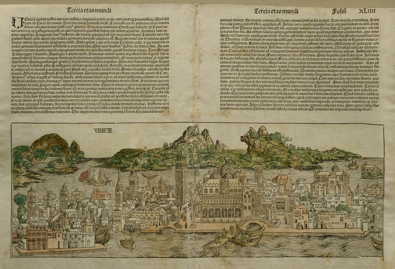 ヴェネツィアの眺め、ハルトマンシェデル（1440-1514）によるリベルクロニコルムからのイラスト1493年ニュルンベルクで出版 作： ドイツ語学校