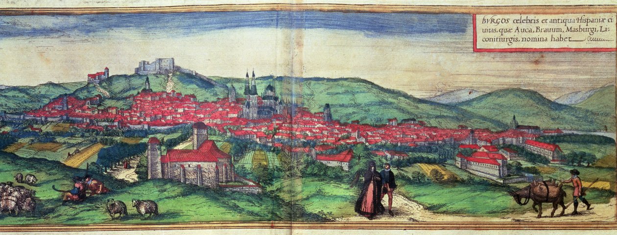 ブルゴスの街の眺め、Georg Braun が編集し、Franz Hogenberg が彫刻した作品「Civites Orbis Terrarum」から 作： ドイツ語学校