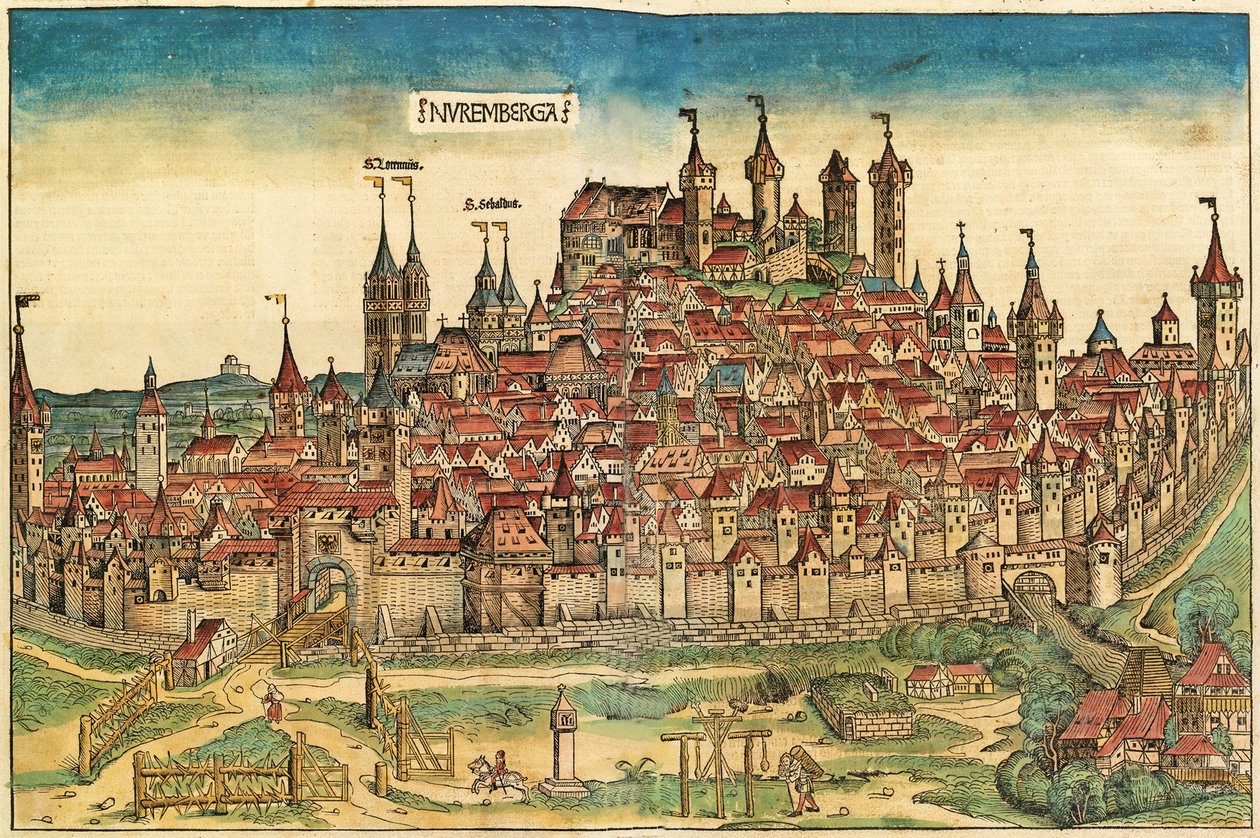 ニュルンベルク年代記、1493年に発表されたNurembergaの街の眺め 作： ドイツ語学校